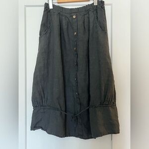 Lin Blanc 100% Linen Grey Button Front Tie Midi Skirt M-L